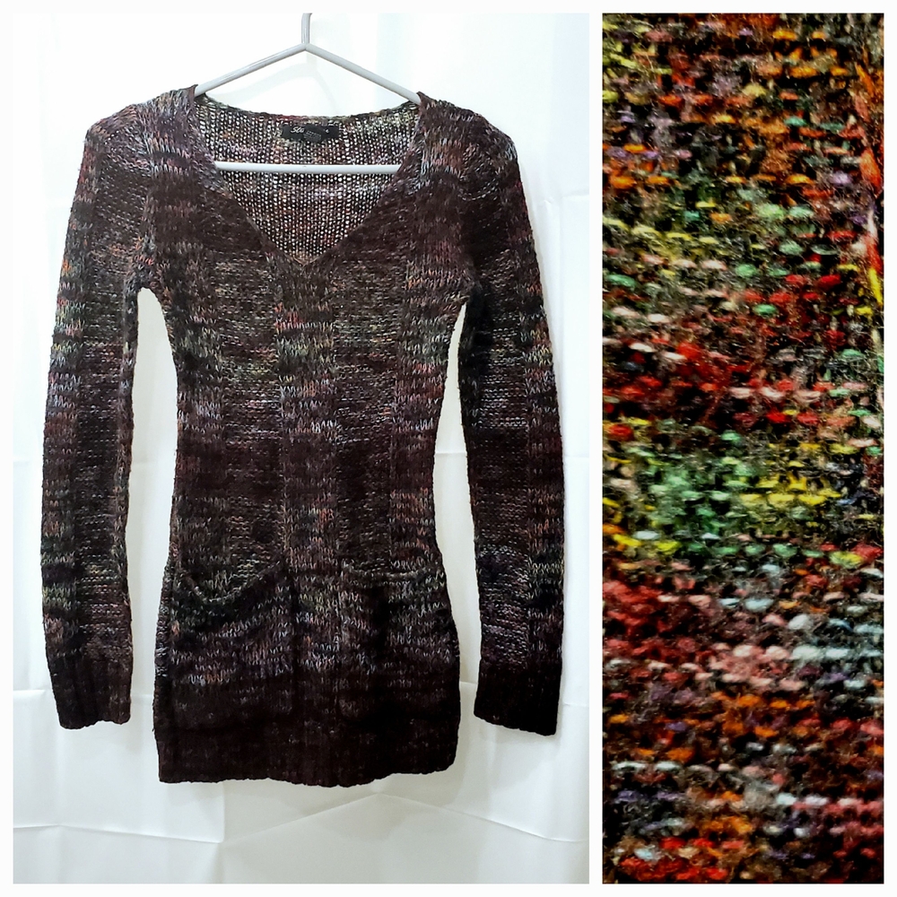 Y2K Dark Rainbow Knit Slim-Fit V-Neck Sweater with Pockets